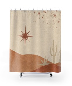 Celestial Southwestern Boho Shower Curtain, Tarot and Cactus Design, Hippie Nature Bathroom Decor