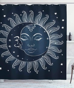 Celestial Sun and Moon Shower Curtain, Midnight Art with Crescent Moon, Bathroom Decor