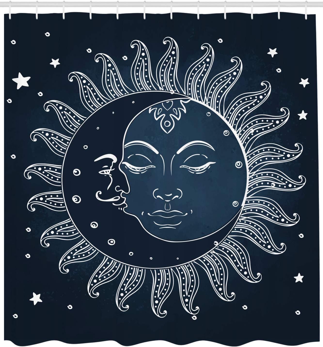 Celestial Sun and Moon Shower Curtain, Midnight Art with Crescent Moon