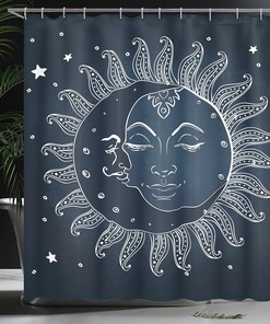 Celestial Sun and Moon Shower Curtain, Midnight Art with Crescent Moon, Bathroom Decor