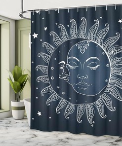 Celestial Sun and Moon Shower Curtain, Midnight Art with Crescent Moon, Bathroom Decor