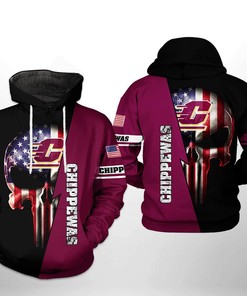 Central Michigan Chippewas NCAA US Flag Skull 3D All Over Print Hoodie, Zip-Up Hoodie