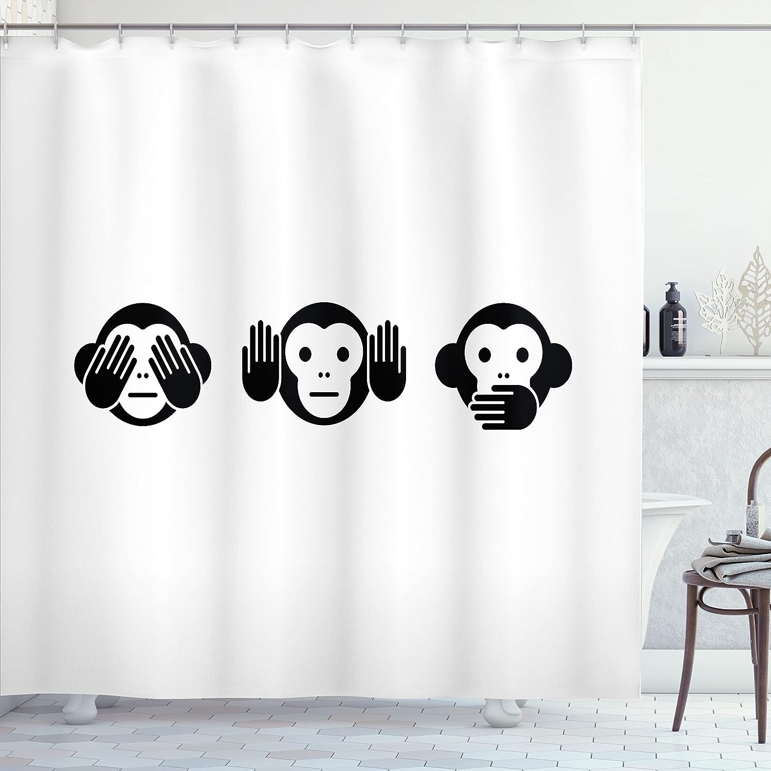 Charcoal Grey and White Monkey Shower Curtain with Animal Graphic Illustration for a Fun Bathroom Decor