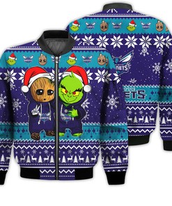 Charlotte Hornets Baby Groot And Grinch Best Friends Football American Ugly Christmas Sweater Gifts Unisex 3D Bomber Jacket