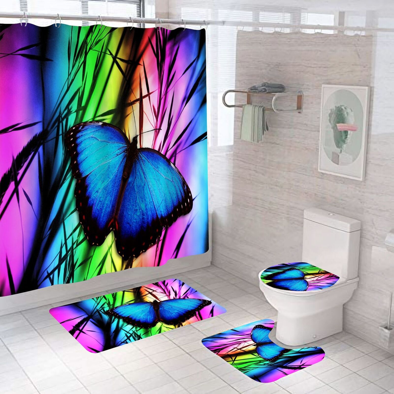 Charming Blue Butterfly Shower Curtain, Waterproof Fabric