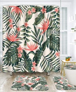 Cheerful Tropical Dark Green Leaves Palm Trees Flowers Bird Paradise Beach Shower Curtain for Bathroom Decor