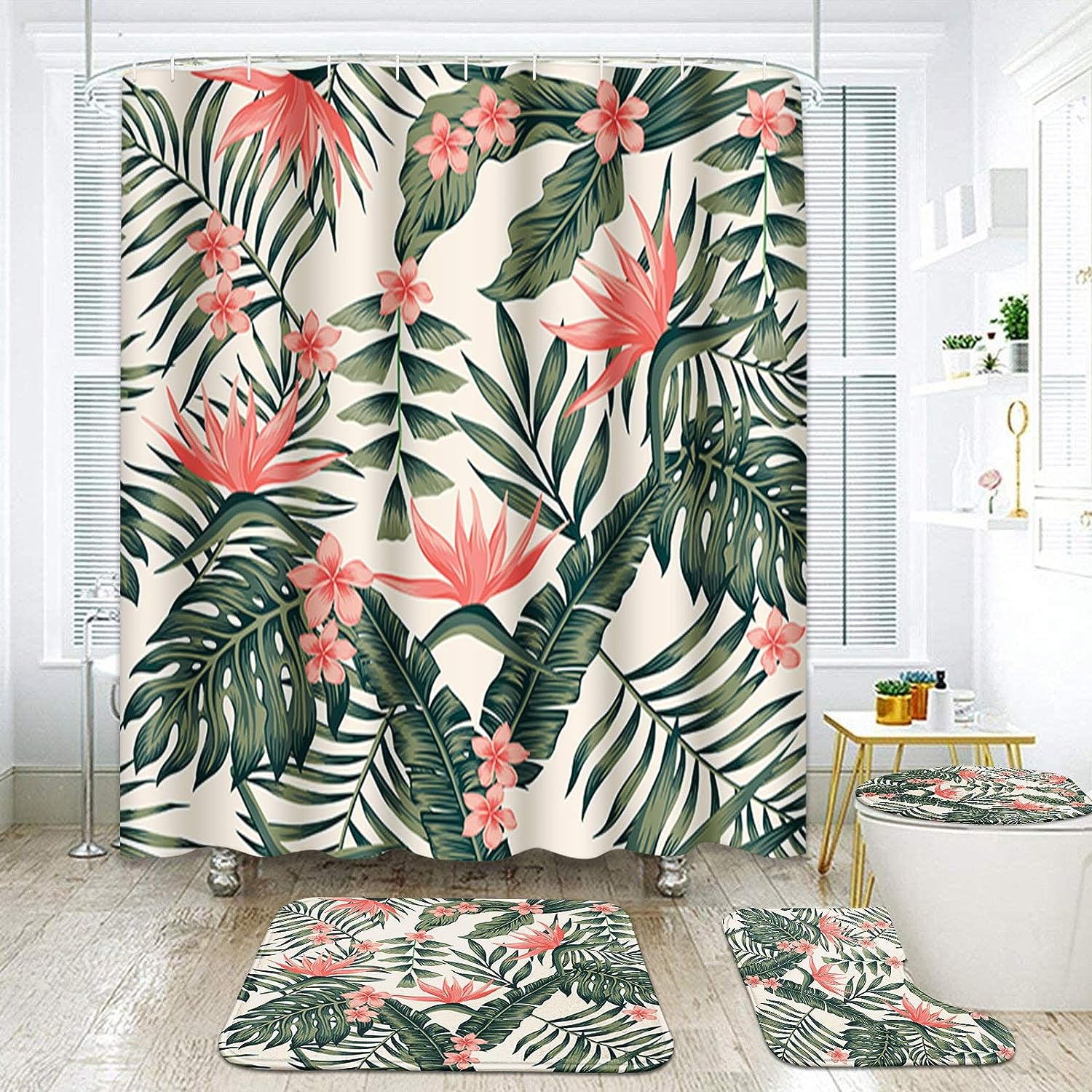 Cheerful Tropical Dark Green Leaves Palm Trees Flowers Bird Paradise Beach Shower Curtain for Bathroom Decor