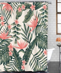 Cheerful Tropical Dark Green Leaves Palm Trees Flowers Bird Paradise Beach Shower Curtain for Bathroom Decor