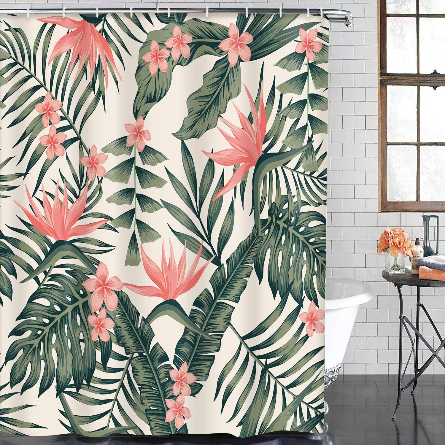 Cheerful Tropical Dark Green Leaves Palm Trees Flowers Bird Paradise Beach Shower Curtain for Bathroom Decor
