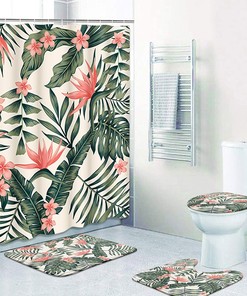 Cheerful Tropical Dark Green Leaves Palm Trees Flowers Bird Paradise Beach Shower Curtain for Bathroom Decor