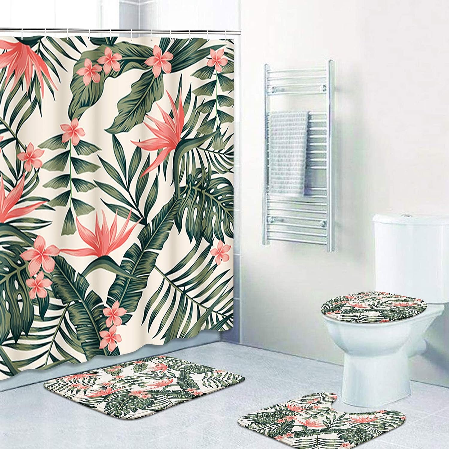 Cheerful Tropical Dark Green Leaves Palm Trees Flowers Bird Paradise Beach Shower Curtain for Bathroom Decor