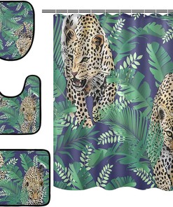 Cheetah Leopard Tropical Palm Leaves Shower Curtain with Mat for Exotic Bathroom Decor