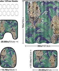Cheetah Leopard Tropical Palm Leaves Shower Curtain with Mat for Exotic Bathroom Decor