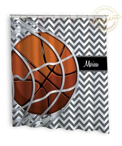 Chevron Grey and White Basketball Shower Curtain - Perfect for a Modern Sports-Themed Bathroom