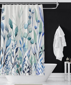 Chic Botanical Blues Shower Curtain with Multiple Blue Tones on White Background