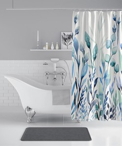 Chic Botanical Blues Shower Curtain with Multiple Blue Tones on White Background