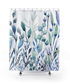 Chic Botanical Blues Shower Curtain with Multiple Blue Tones on White Background