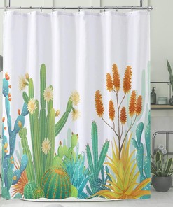 Chic White Tropical Plant Succulent Cactus Shower Curtain Set - Bathroom Decor