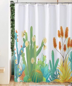 Chic White Tropical Plant Succulent Cactus Shower Curtain Set - Bathroom Decor