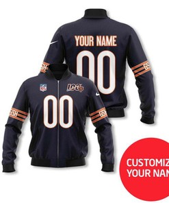Chicago Bears #00 100 Anniversary Personalized Navy Blue Style Gift With Custom Number Name For Bears Fans Bomber Jacket