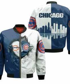 Chicago Bears And Chicago Cubs Heartbeat Love Ripped Bomber Jacket Model 1068
