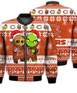Chicago Bears Baby Groot And Grinch Best Friends Football American Ugly Christmas Sweater Gifts Unisex 3D Bomber Jacket