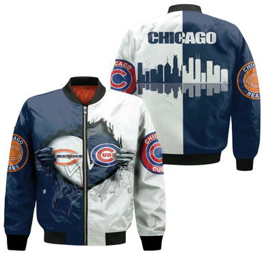 Chicago Bears Chicago Cubs Heartbeat Love Ripped 3D Jersey Bomber Jacket