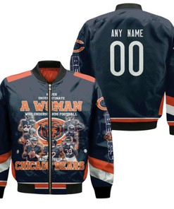 Chicago Bears Never Underestimate A Woman Who Understand Football Loves Bears Gift With Custom Name Number For Bears Fans Bomber Jacket