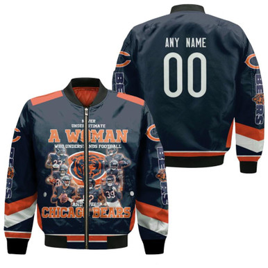 Chicago Bears Never Underestimate A Woman Who Understand Football Loves Bears Gift With Custom Name Number For Bears Fans Bomber Jacket