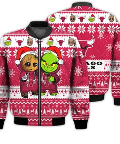 Chicago Bulls Baby Groot And Grinch Best Friends Football American Ugly Christmas Sweater Gifts Unisex 3D Bomber Jacket