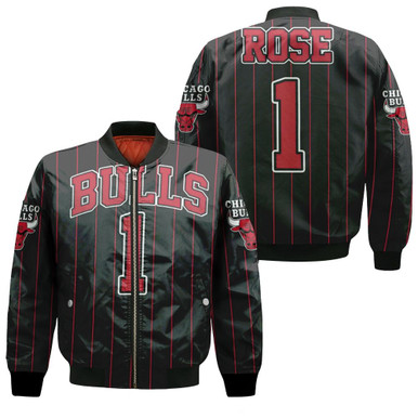 Chicago Bulls Derrick Rose 1 Nba Throwback Red Stripes Black Jersey Inspired Bomber Jacket