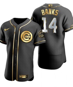 Chicago Cubs #14 Ernie Banks Mlb Golden Brandedition Black Jersey Gift For Cubs Fans