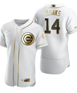 Chicago Cubs #14 Ernie Banks Mlb Golden Brandedition White Jersey Gift For Cubs Fans