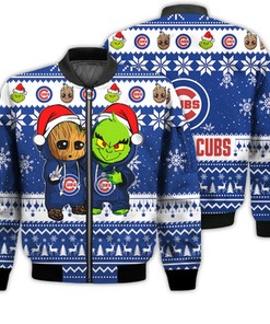 Chicago Cubs Baby Groot And Grinch Best Friends Football American Ugly Christmas Sweater Gifts Unisex 3D Bomber Jacket