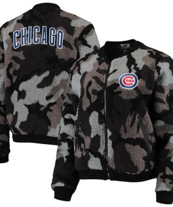 Chicago Cubs The Wild Collective Women's Camo Sherpa Full-Zip Bomber Jacket - Black