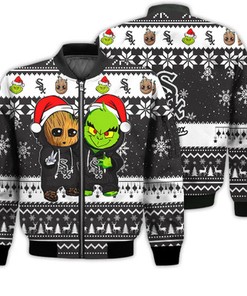 Chicago White Sox Baby Groot And Grinch Best Friends Football American Ugly Christmas Sweater Gifts Unisex 3D Bomber Jacket