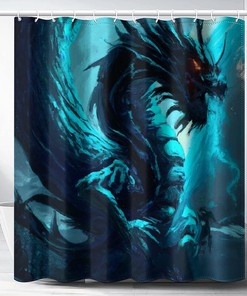 Chinese Dragon Portrait Shower Curtain, Blue Design, Asian Fantasy Pattern, Waterproof Fabric