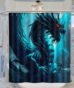 Chinese Dragon Portrait Shower Curtain, Blue Design, Asian Fantasy Pattern, Waterproof Fabric
