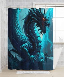 Chinese Dragon Portrait Shower Curtain, Blue Design, Asian Fantasy Pattern, Waterproof Fabric