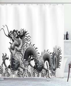 Chinese Dragon Symbol Cloth Fabric Shower Curtain, Traditional Strength and Luck Powers Fantasy Graphic, Home Decor