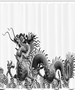 Chinese Dragon Symbol Cloth Fabric Shower Curtain, Traditional Strength and Luck Powers Fantasy Graphic, Home Decor