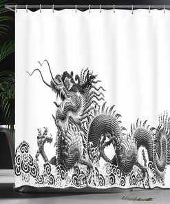 Chinese Dragon Symbol Cloth Fabric Shower Curtain, Traditional Strength and Luck Powers Fantasy Graphic, Home Decor