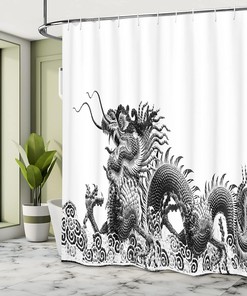 Chinese Dragon Symbol Cloth Fabric Shower Curtain, Traditional Strength and Luck Powers Fantasy Graphic, Home Decor