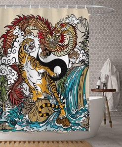 Chinese Dragon and Tiger Shower Curtain - Yin Yang Symbol Asian Bathroom Decor