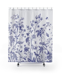 Chinoiserie Garden Birds Shower Curtain, Vintage Botanical Pattern, Cottagecore Farmhouse Antique Decor