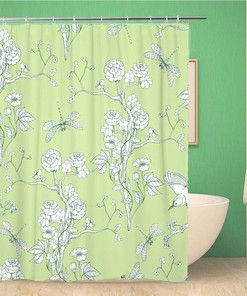 Chinoiserie Peonies Dragonfly and Bird Shower Curtain, Waterproof Fabric, Home and Bathroom Decor