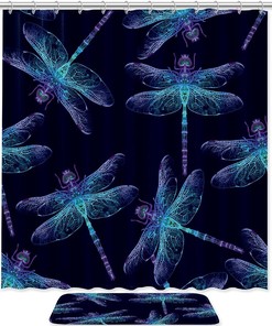 Chong Navy Blue Shower Curtain with Dragonfly - Water Themed Bathroom Decor