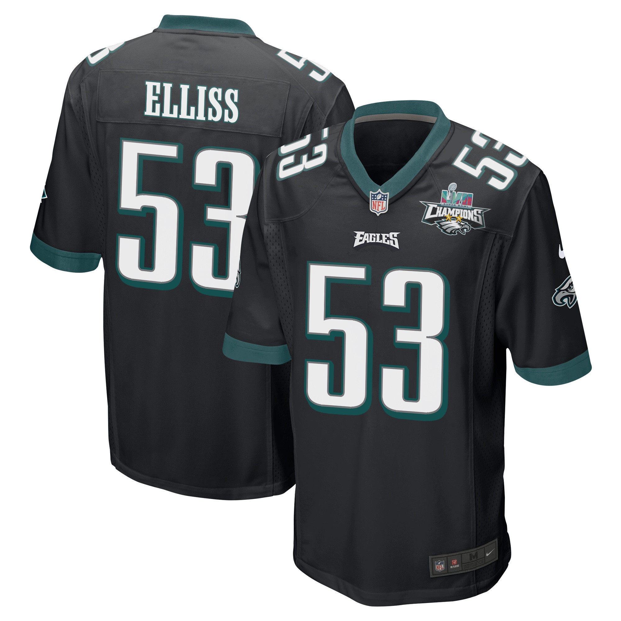 Christian Elliss 53 Philadelphia Eagles Super Bowl LVII Champions 2 Stars Men Game Jersey - Black