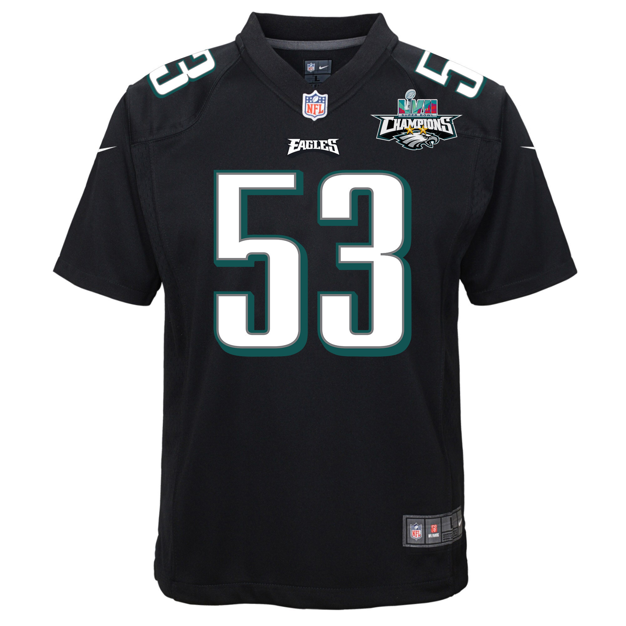 Christian Elliss 53 Philadelphia Eagles Super Bowl LVII Champions 2 Stars Youth Game Jersey - Black