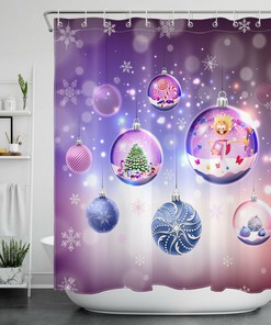 Christmas Ball Shower Curtain with Dreamy Purple Winter Snowflakes for a Festive Bathroom Accessory